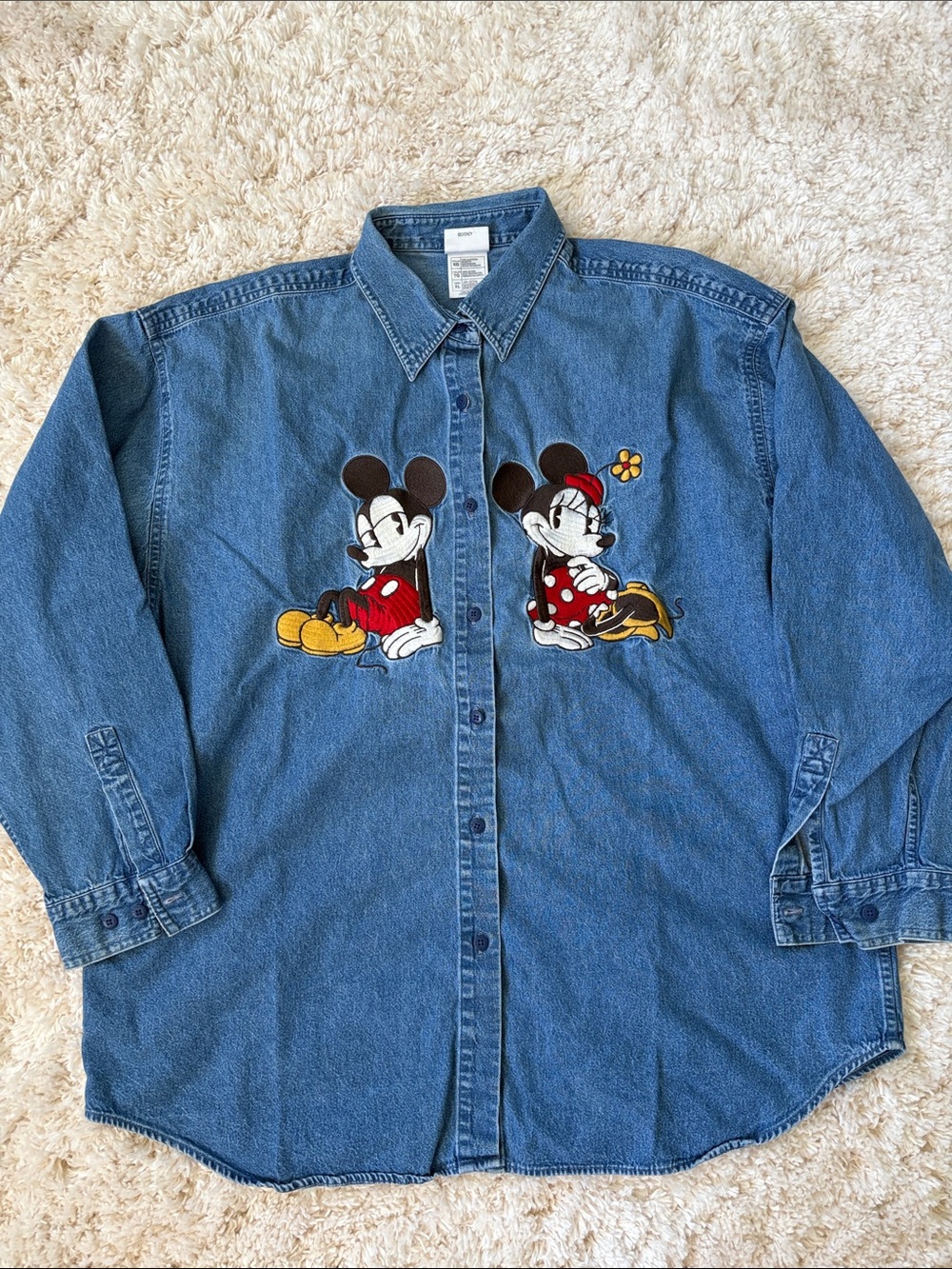 Vintage Disney Store Embroidered Mickey & Minnie Button Down Denim Shirt